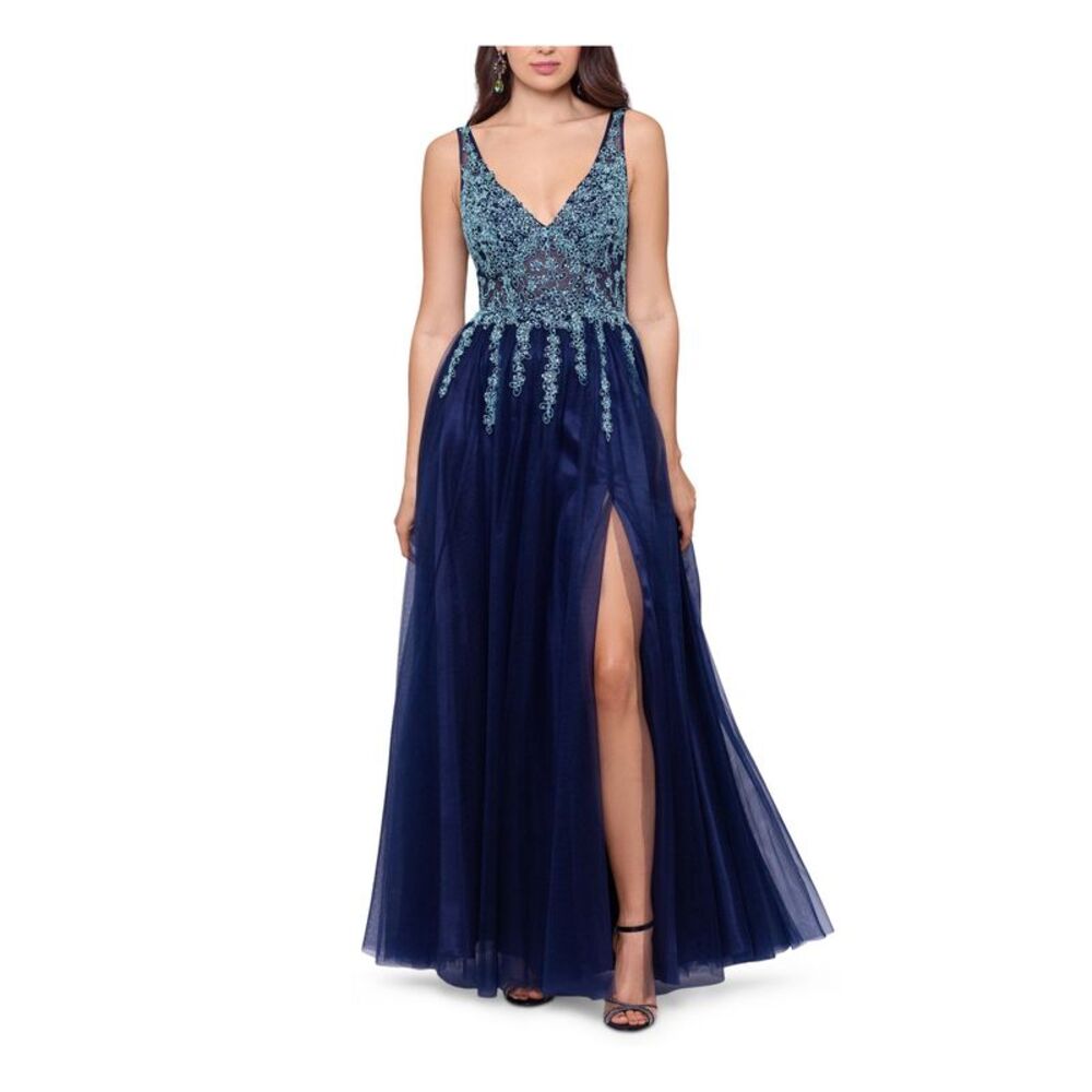 BLONDIE NITES Womens Gown Dress Navy Mesh Sleeveless Front Slit Lined Juniors 1